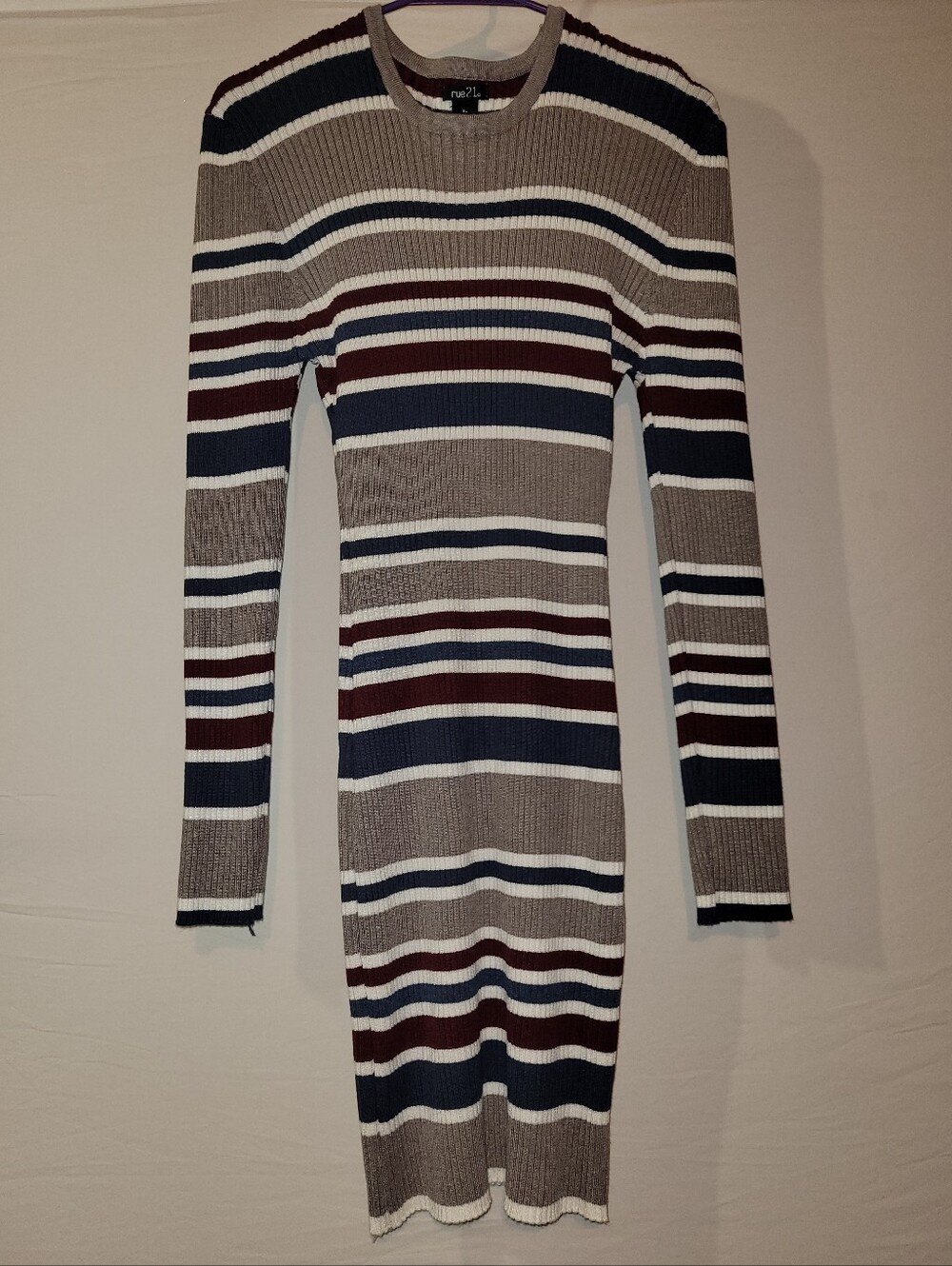Rue21 Ribbed Striped Knit Dress in Taupe, Navy & Burgundy, XL